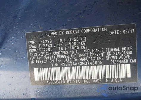 2017 Subaru Impreza 2.0I from USA, damaged, VIN 4S3GTAA63H3743695